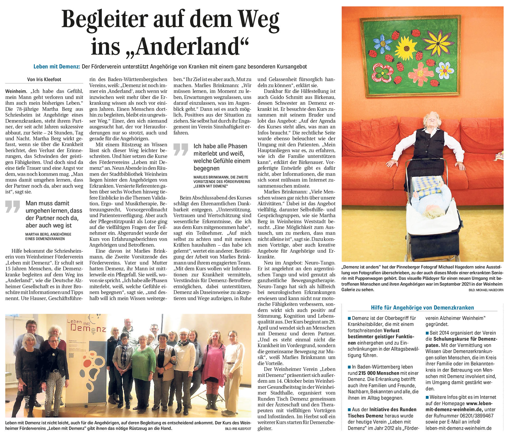 Artikel WeinheimerNachrichten 13.4.2023 über den Förderverein Leben mit Demenz in Weinheim e.V.