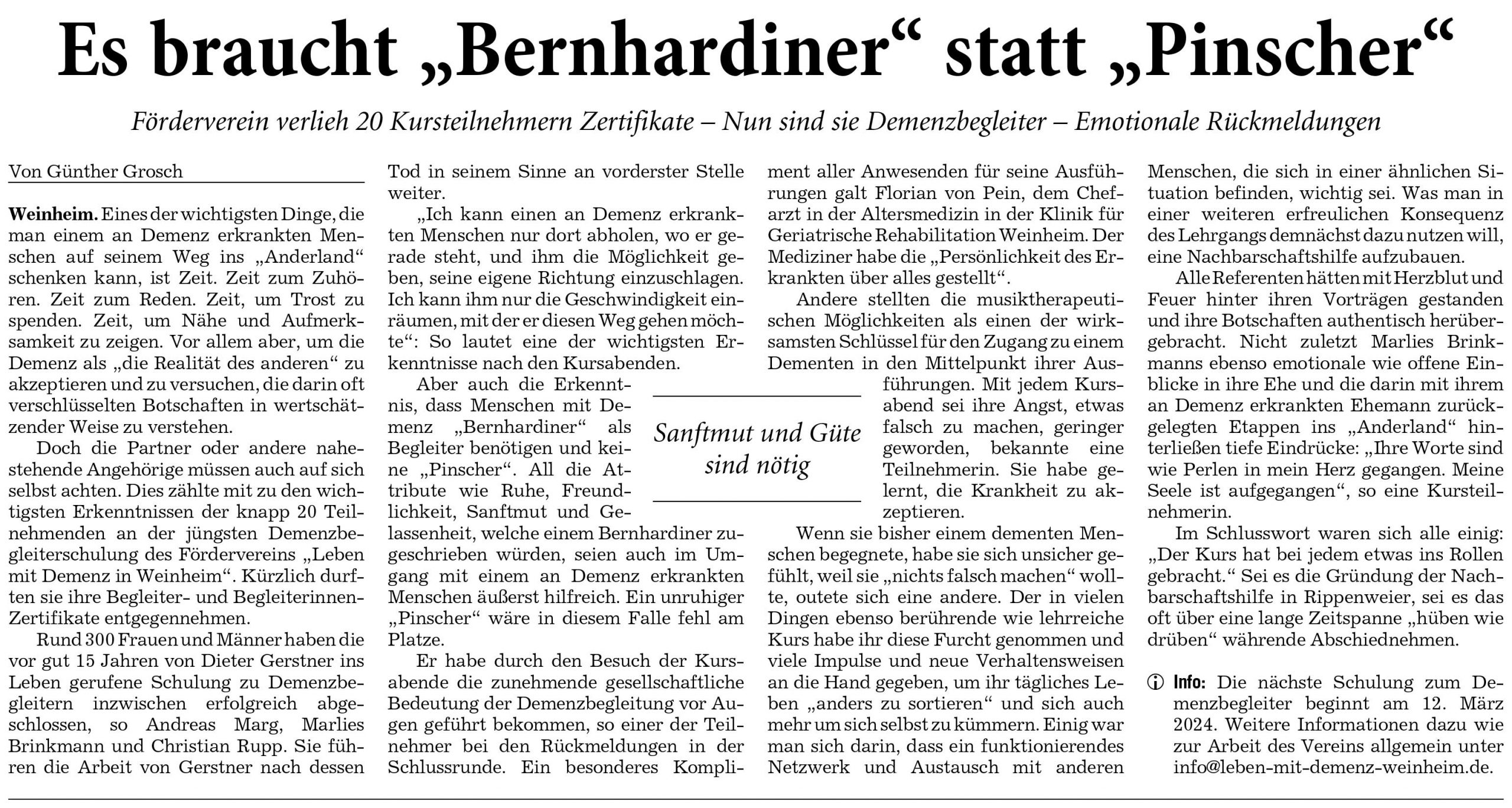 Artikel vom 1.2.2024 geschrieben von Günter Grosch in der Rhein Neckar Zeitung 